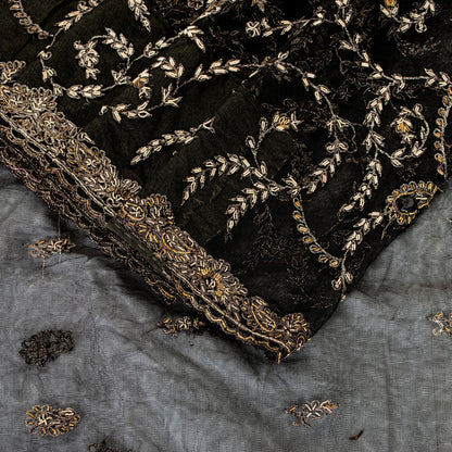Sanskriti Vintage Black Net Mesh Saree Hand Embroidered Zardozi Zari 5+YD Fabric