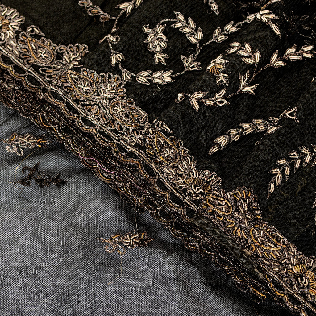 Sanskriti Vintage Black Net Mesh Saree Hand Embroidered Zardozi Zari 5+YD Fabric
