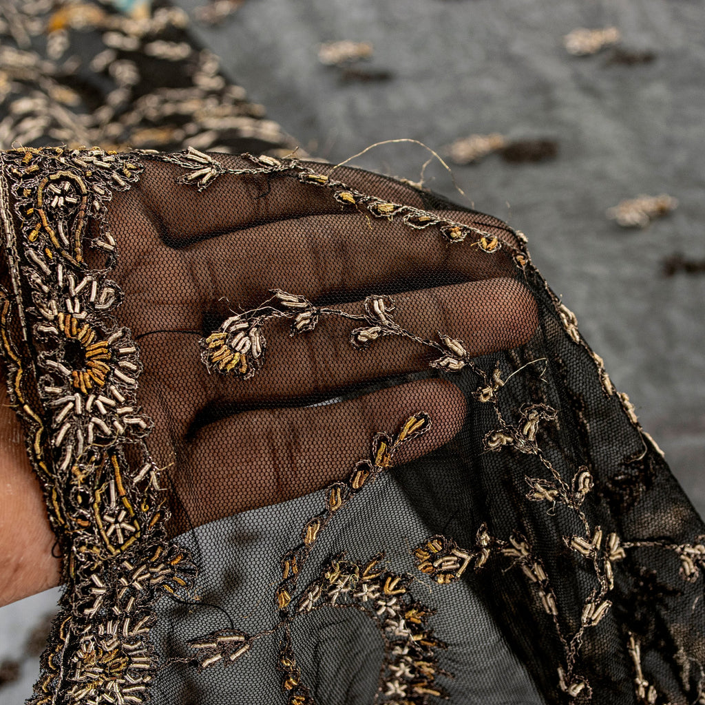 Sanskriti Vintage Black Net Mesh Saree Hand Embroidered Zardozi Zari 5+YD Fabric