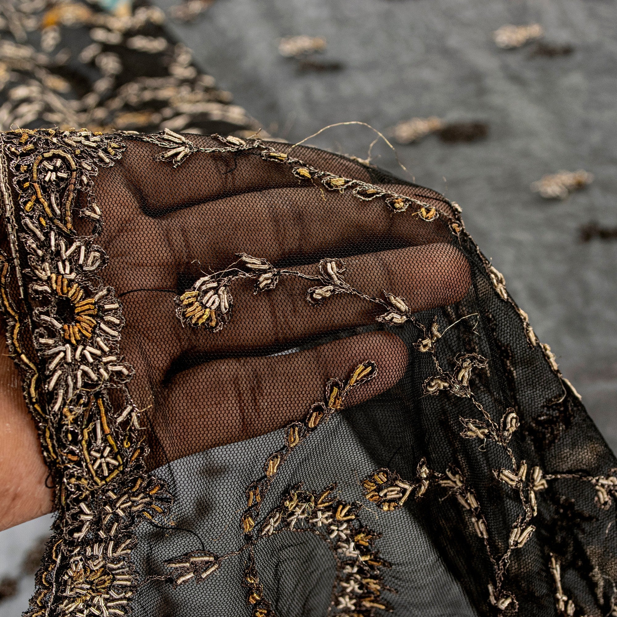 Sanskriti Vintage Black Net Mesh Saree Hand Embroidered Zardozi Zari 5+YD Fabric