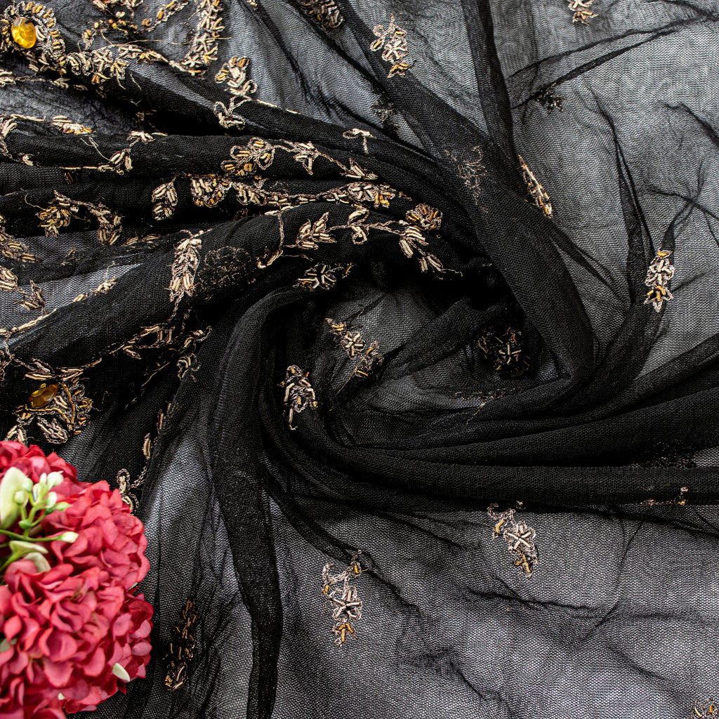 Sanskriti Vintage Black Net Mesh Saree Hand Embroidered Zardozi Zari 5+YD Fabric