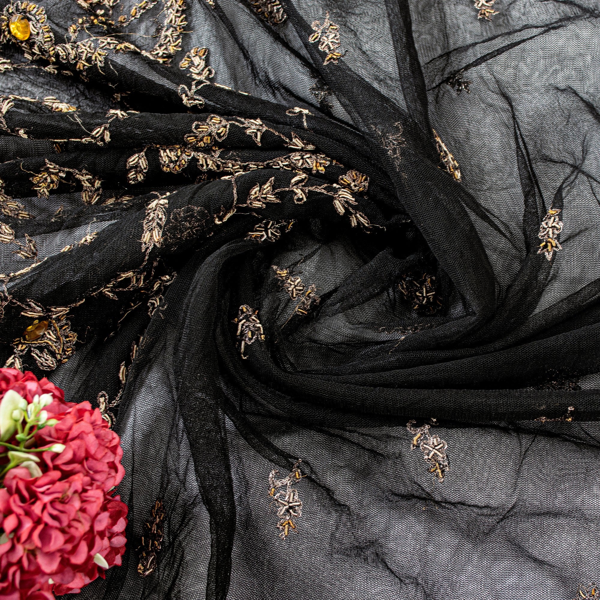 Sanskriti Vintage Black Net Mesh Saree Hand Embroidered Zardozi Zari 5+YD Fabric