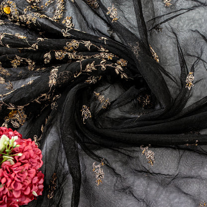Sanskriti Vintage Black Net Mesh Saree Hand Embroidered Zardozi Zari 5+YD Fabric