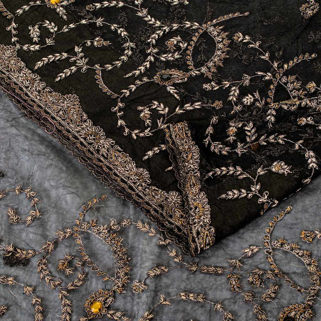 Sanskriti Vintage Black Net Mesh Saree Hand Embroidered Zardozi Zari 5+YD Fabric