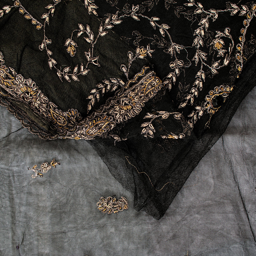 Sanskriti Vintage Black Net Mesh Saree Hand Embroidered Zardozi Zari 5+YD Fabric