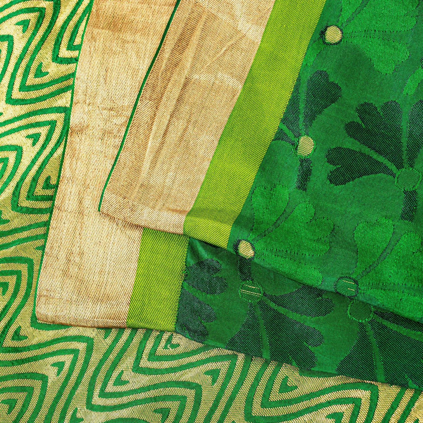 Sanskriti Vintage Green-Golden Pure Silk Saree Brocade Woven Sari 5.5+ Yd Fabric