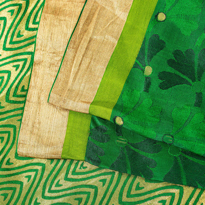 Sanskriti Vintage Green-Golden Pure Silk Saree Brocade Woven Sari 5.5+ Yd Fabric
