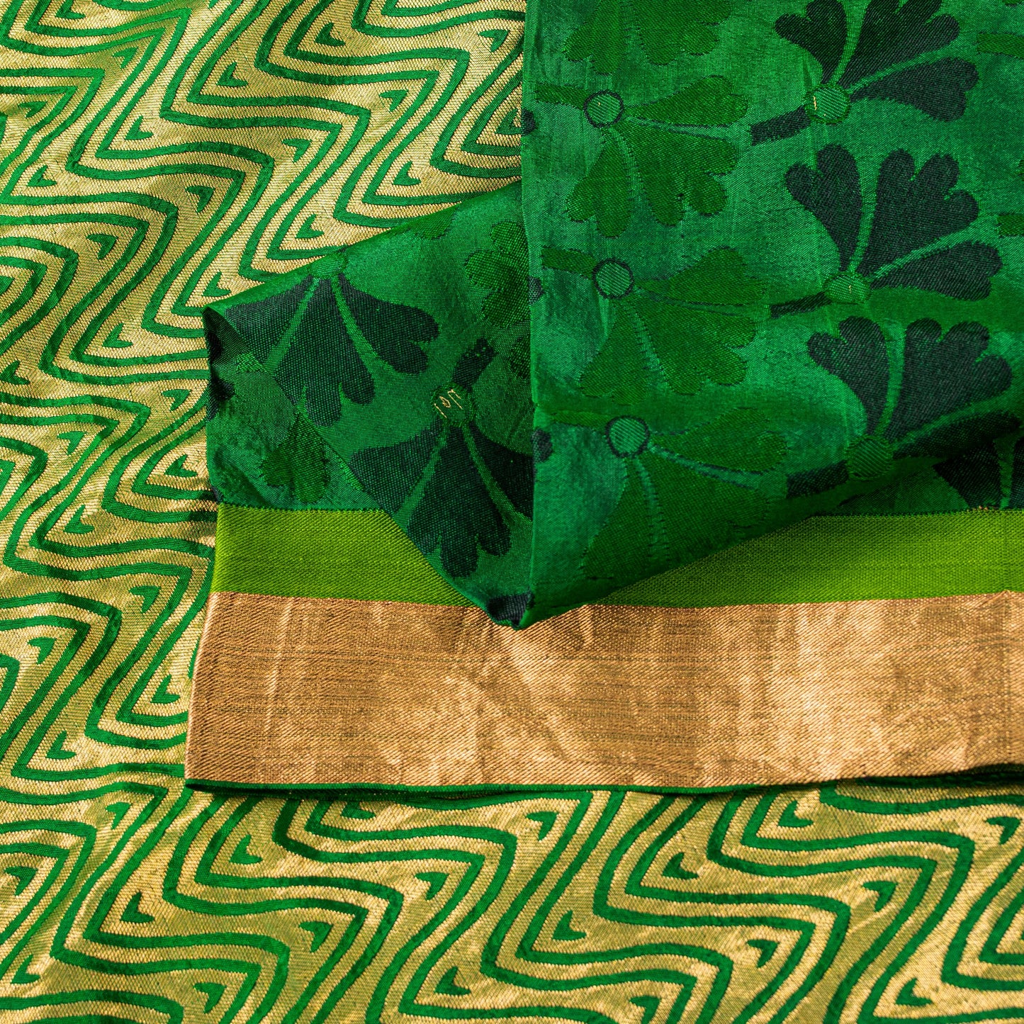 Sanskriti Vintage Green-Golden Pure Silk Saree Brocade Woven Sari 5.5+ Yd Fabric