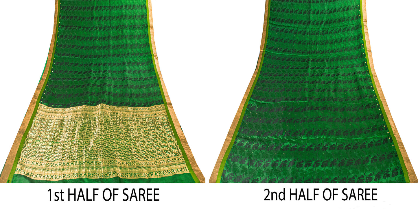 Sanskriti Vintage Green-Golden Pure Silk Saree Brocade Woven Sari 5.5+ Yd Fabric