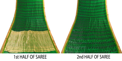 Sanskriti Vintage Green-Golden Pure Silk Saree Brocade Woven Sari 5.5+ Yd Fabric