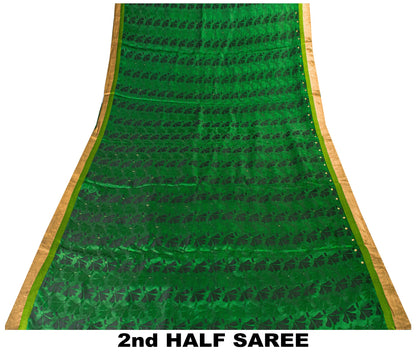Sanskriti Vintage Green-Golden Pure Silk Saree Brocade Woven Sari 5.5+ Yd Fabric