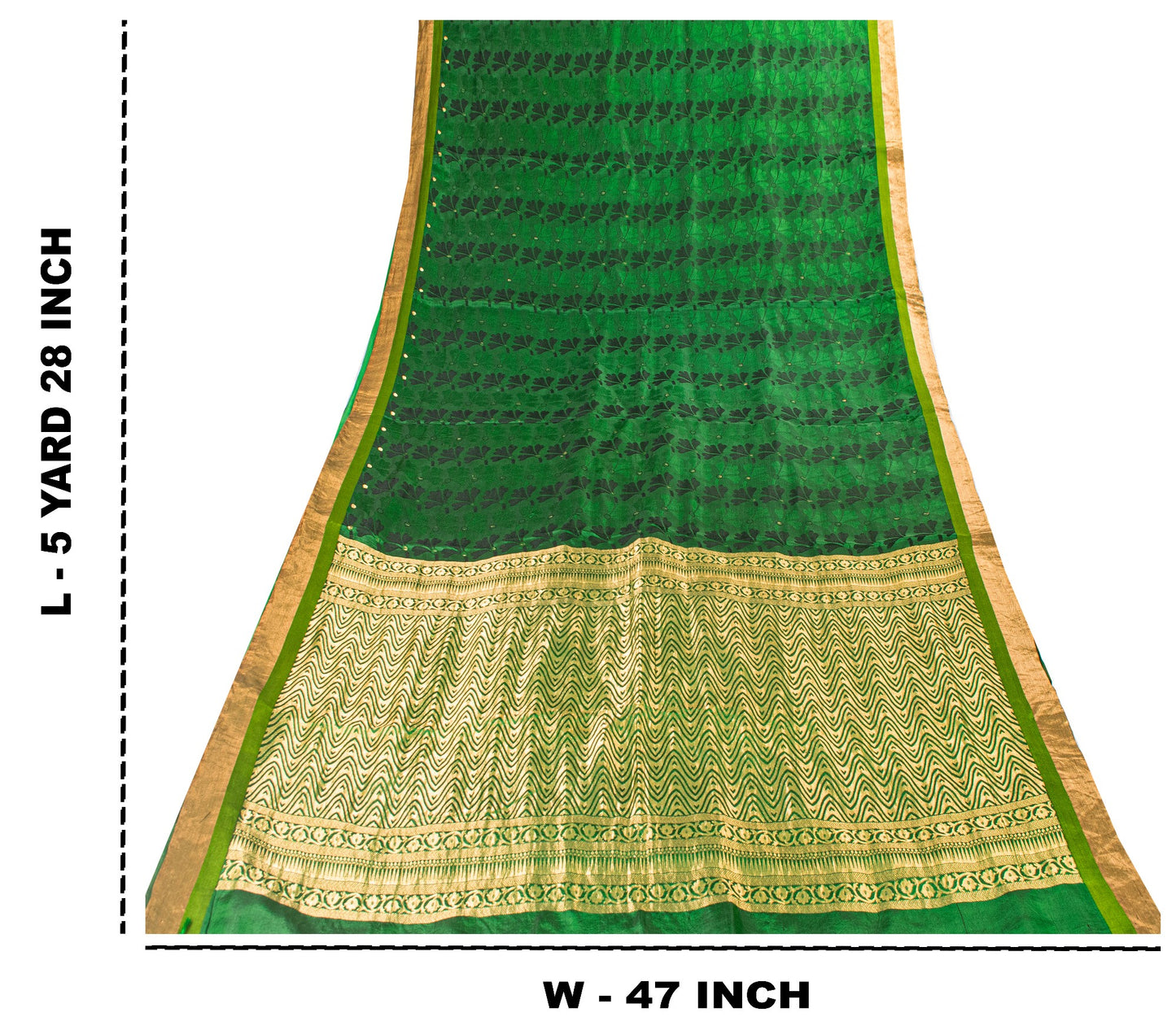 Sanskriti Vintage Green-Golden Pure Silk Saree Brocade Woven Sari 5.5+ Yd Fabric