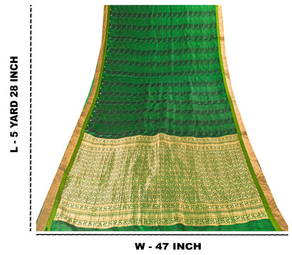 Sanskriti Vintage Green-Golden Pure Silk Saree Brocade Woven Sari 5.5+ Yd Fabric