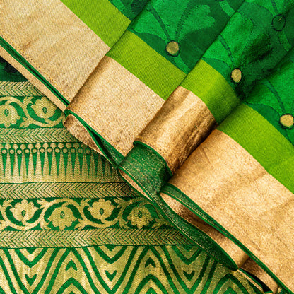Sanskriti Vintage Green-Golden Pure Silk Saree Brocade Woven Sari 5.5+ Yd Fabric