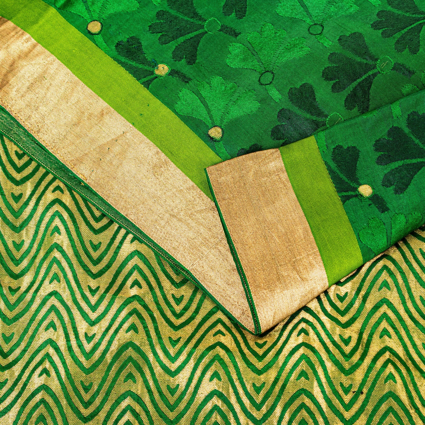 Sanskriti Vintage Green-Golden Pure Silk Saree Brocade Woven Sari 5.5+ Yd Fabric