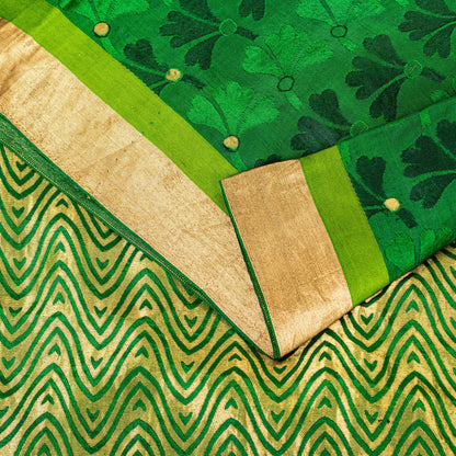 Sanskriti Vintage Green-Golden Pure Silk Saree Brocade Woven Sari 5.5+ Yd Fabric