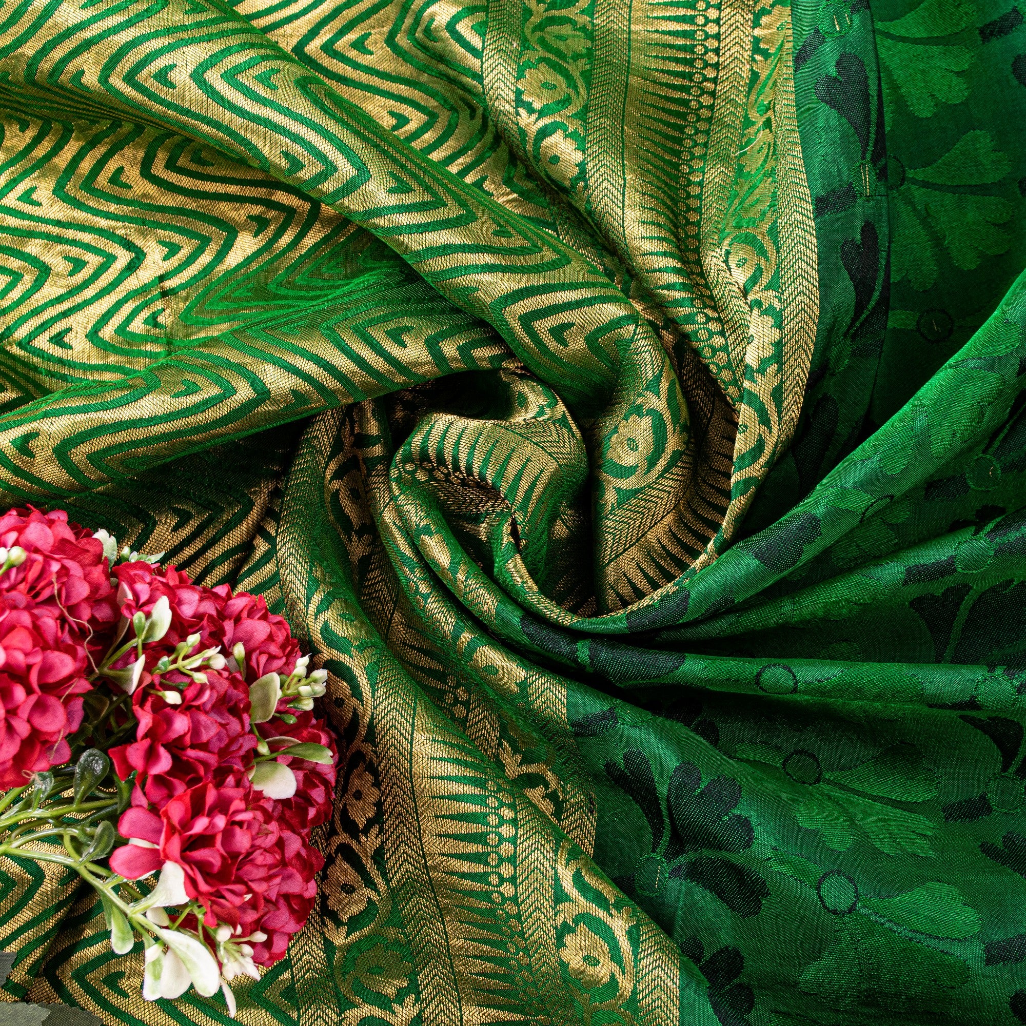 Sanskriti Vintage Green-Golden Pure Silk Saree Brocade Woven Sari 5.5+ Yd Fabric