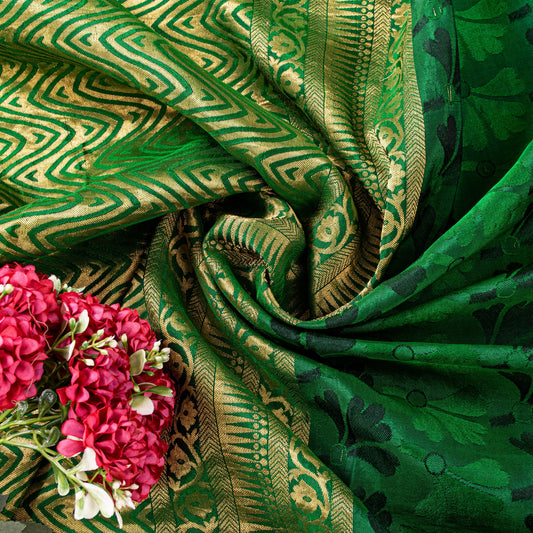 Sanskriti Vintage Green-Golden Pure Silk Saree Brocade Woven Sari 5.5+ Yd Fabric
