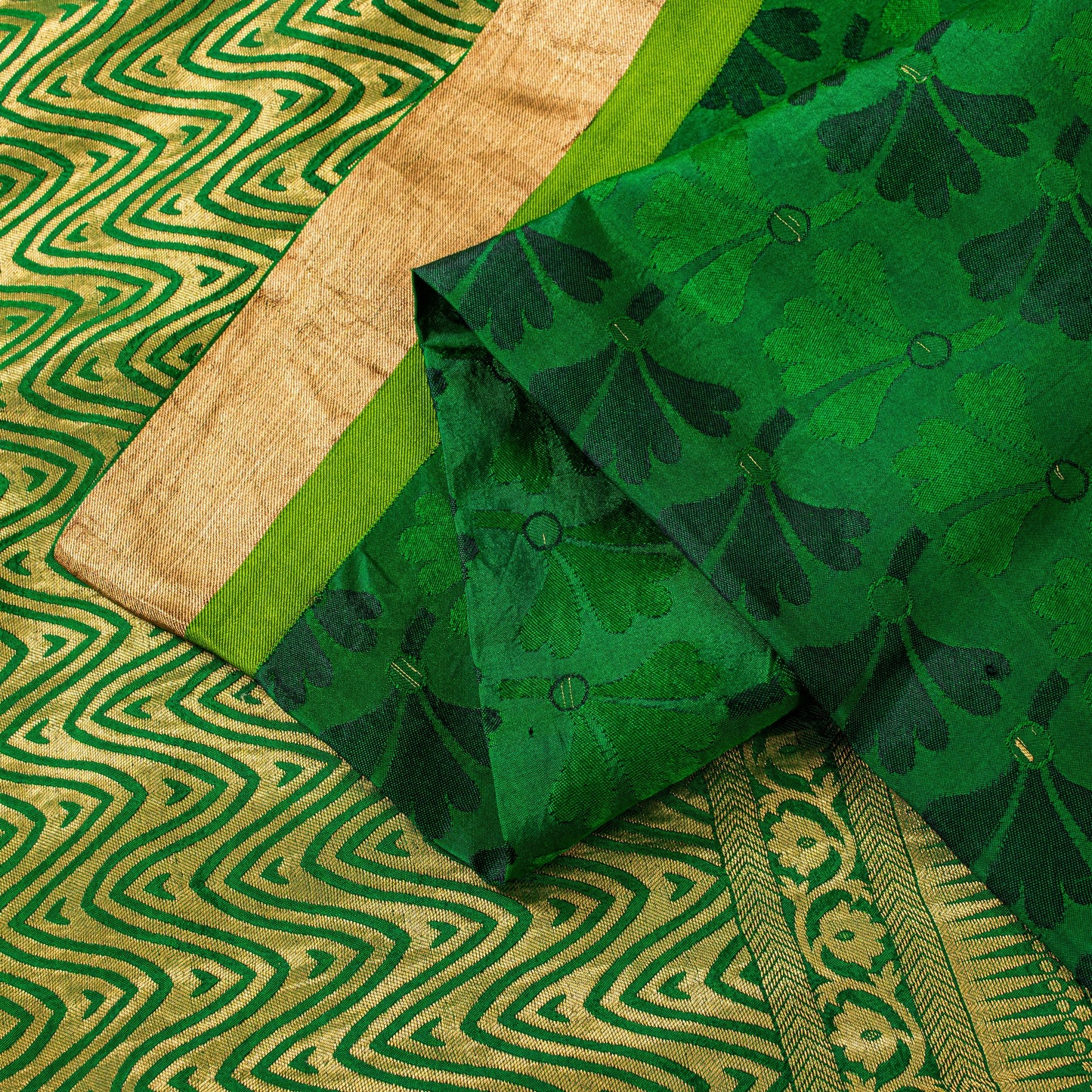 Sanskriti Vintage Green-Golden Pure Silk Saree Brocade Woven Sari 5.5+ Yd Fabric
