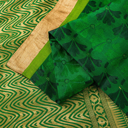 Sanskriti Vintage Green-Golden Pure Silk Saree Brocade Woven Sari 5.5+ Yd Fabric