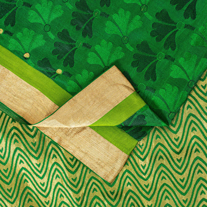 Sanskriti Vintage Green-Golden Pure Silk Saree Brocade Woven Sari 5.5+ Yd Fabric