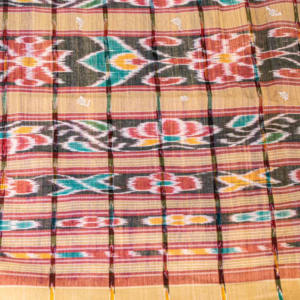 Sanskriti Vintage Beige 100%Pure Cotton Saree Ikat Hand Woven Odisha 5+YD Fabric