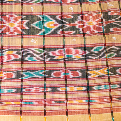 Sanskriti Vintage Beige 100%Pure Cotton Saree Ikat Hand Woven Odisha 5+YD Fabric