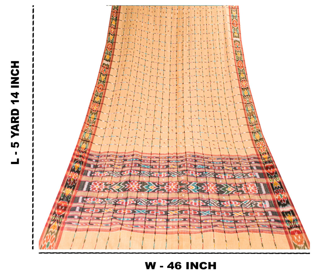Sanskriti Vintage Beige 100%Pure Cotton Saree Ikat Hand Woven Odisha 5+YD Fabric