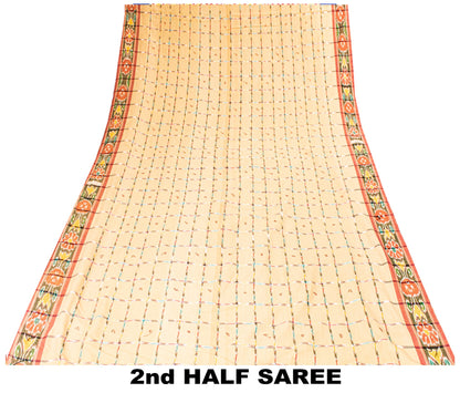 Sanskriti Vintage Beige 100%Pure Cotton Saree Ikat Hand Woven Odisha 5+YD Fabric