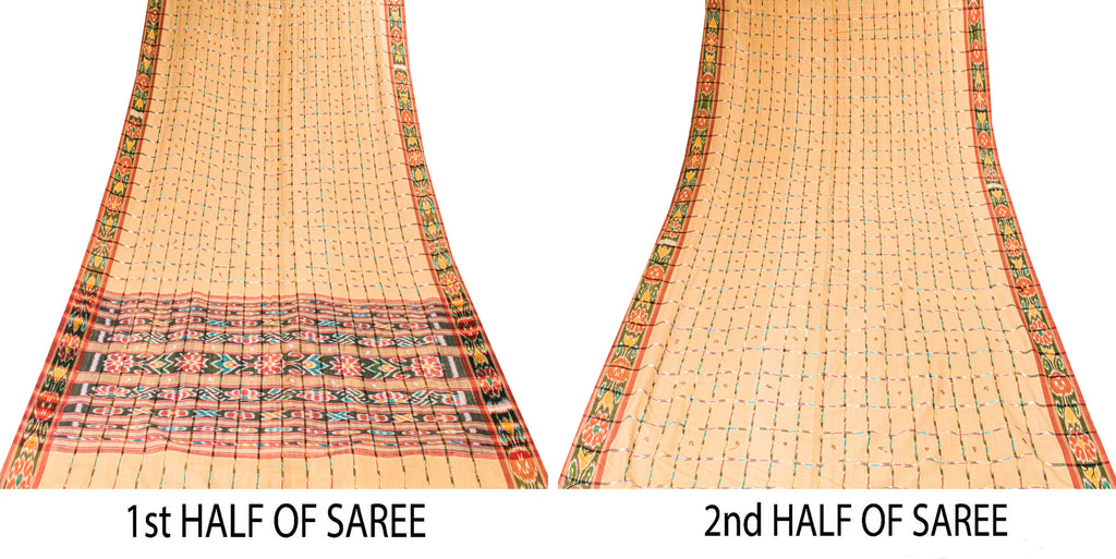 Sanskriti Vintage Beige 100%Pure Cotton Saree Ikat Hand Woven Odisha 5+YD Fabric