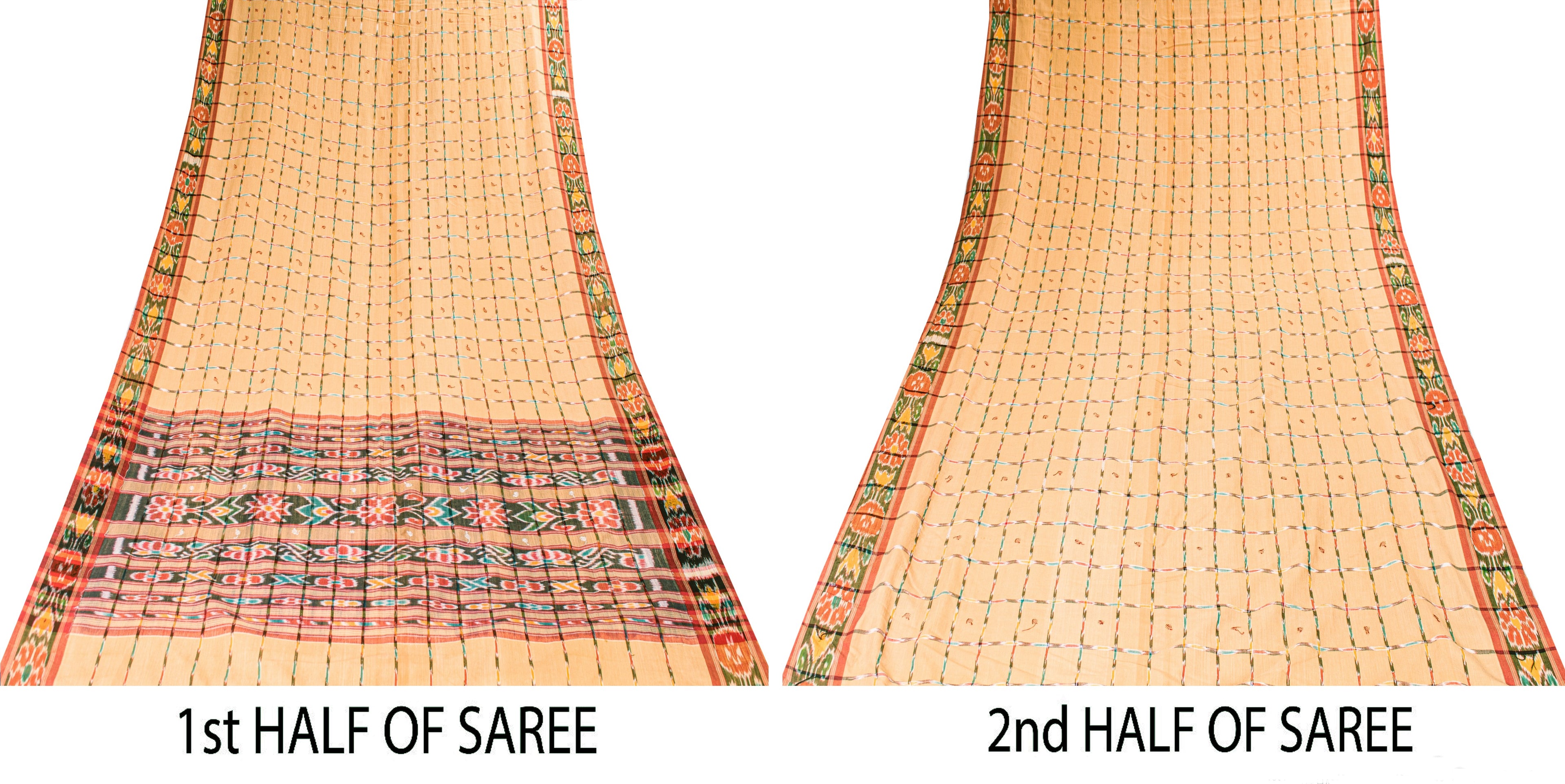 Sanskriti Vintage Beige 100%Pure Cotton Saree Ikat Hand Woven Odisha 5+YD Fabric