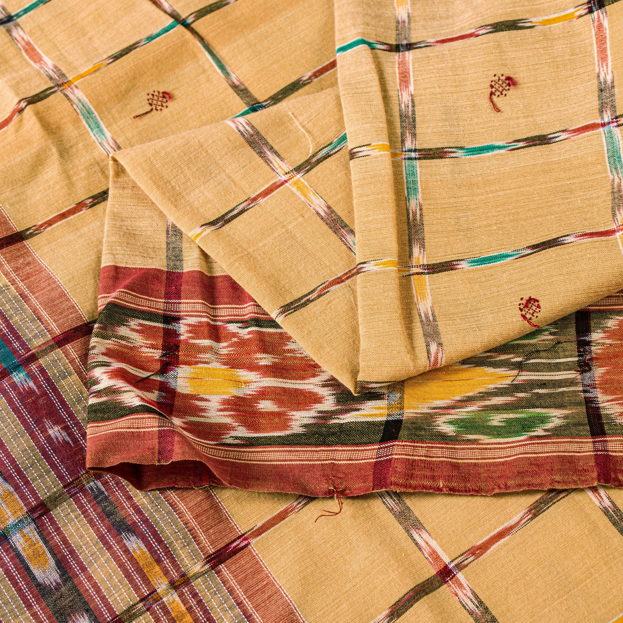 Sanskriti Vintage Beige 100%Pure Cotton Saree Ikat Hand Woven Odisha 5+YD Fabric