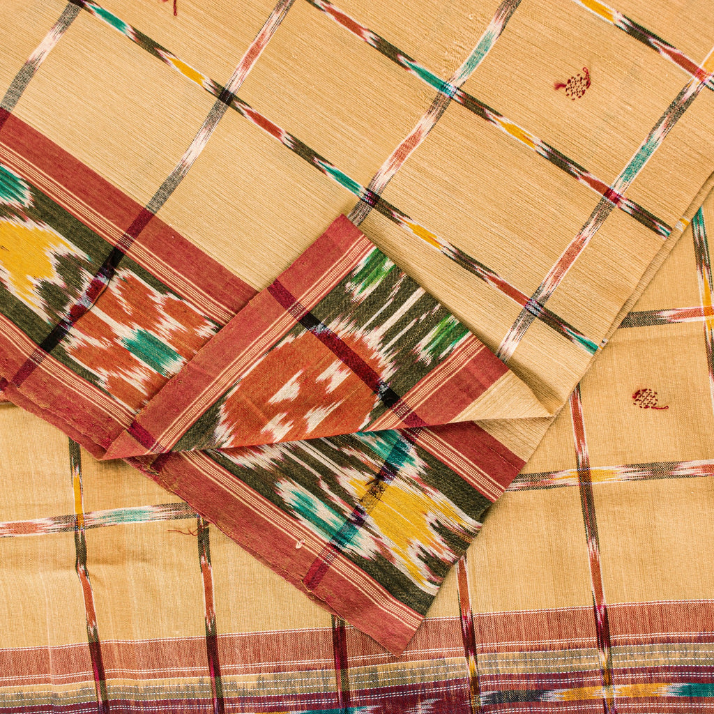 Sanskriti Vintage Beige 100%Pure Cotton Saree Ikat Hand Woven Odisha 5+YD Fabric