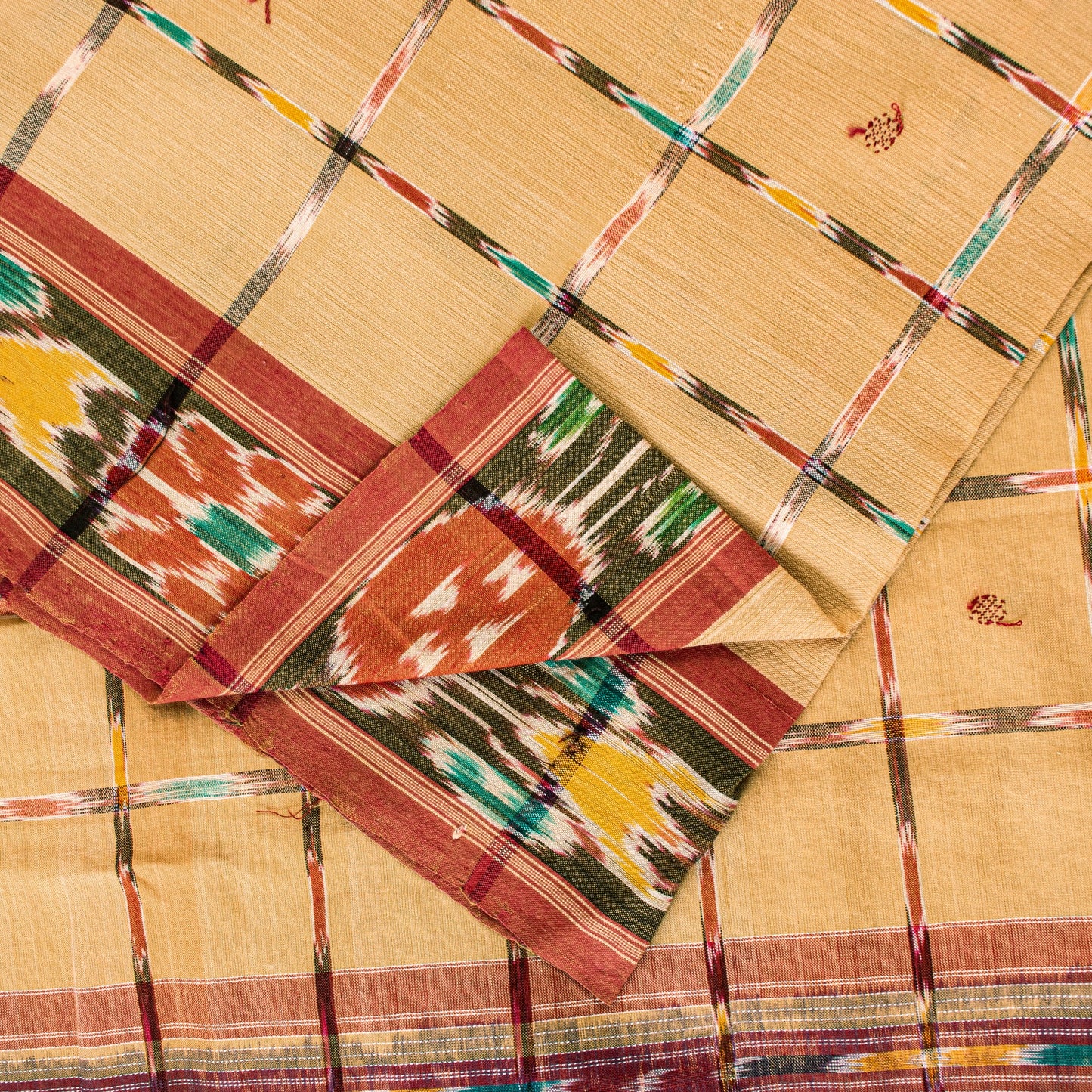 Sanskriti Vintage Beige 100%Pure Cotton Saree Ikat Hand Woven Odisha 5+YD Fabric