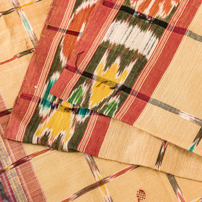 Sanskriti Vintage Beige 100%Pure Cotton Saree Ikat Hand Woven Odisha 5+YD Fabric