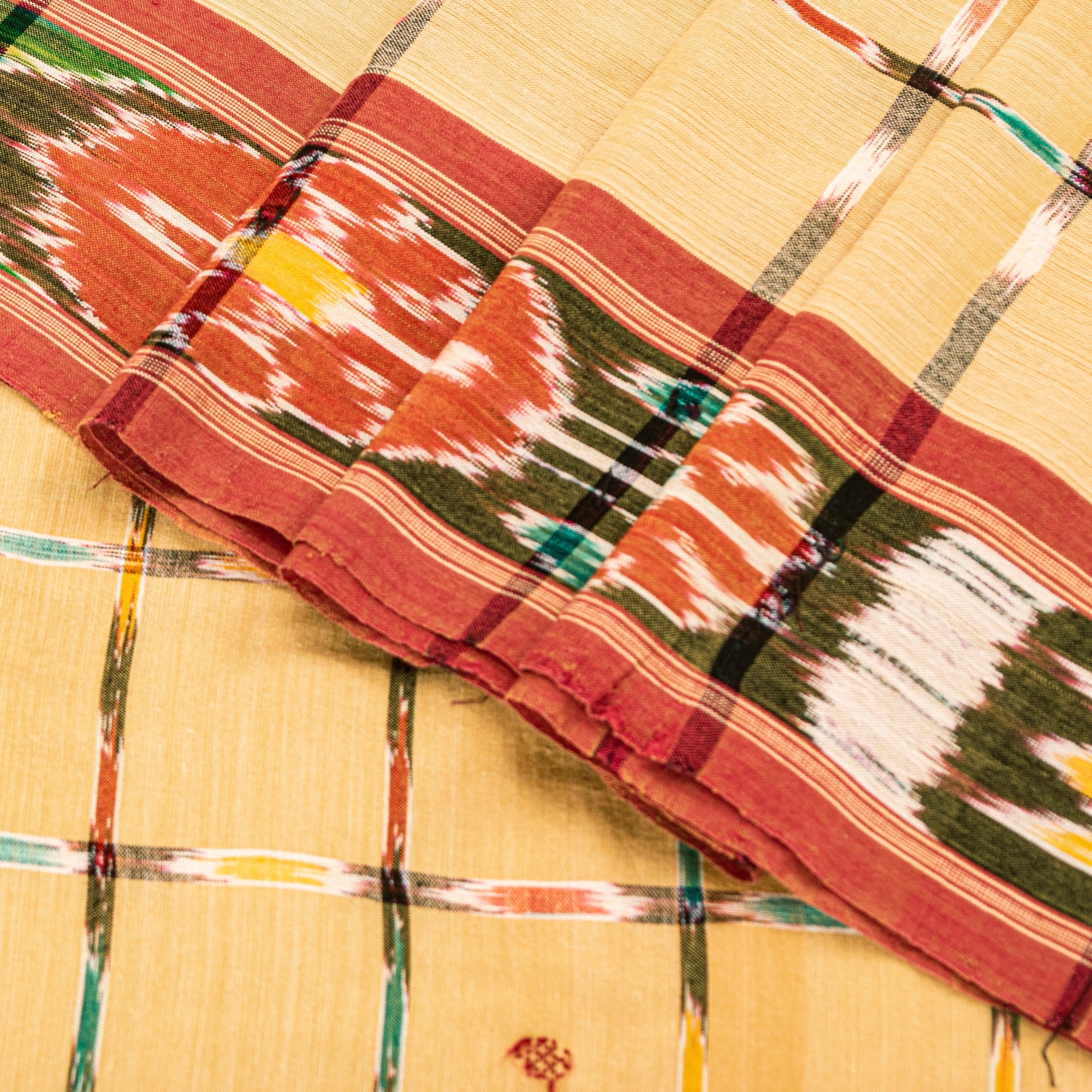 Sanskriti Vintage Beige 100%Pure Cotton Saree Ikat Hand Woven Odisha 5+YD Fabric