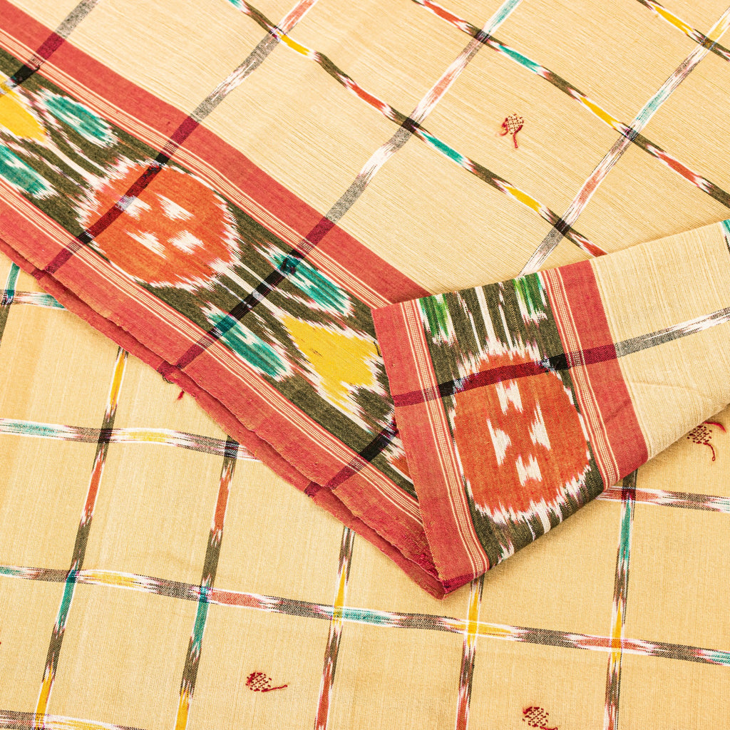 Sanskriti Vintage Beige 100%Pure Cotton Saree Ikat Hand Woven Odisha 5+YD Fabric