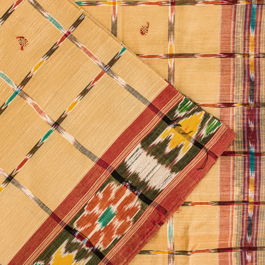 Sanskriti Vintage Beige 100%Pure Cotton Saree Ikat Hand Woven Odisha 5+YD Fabric