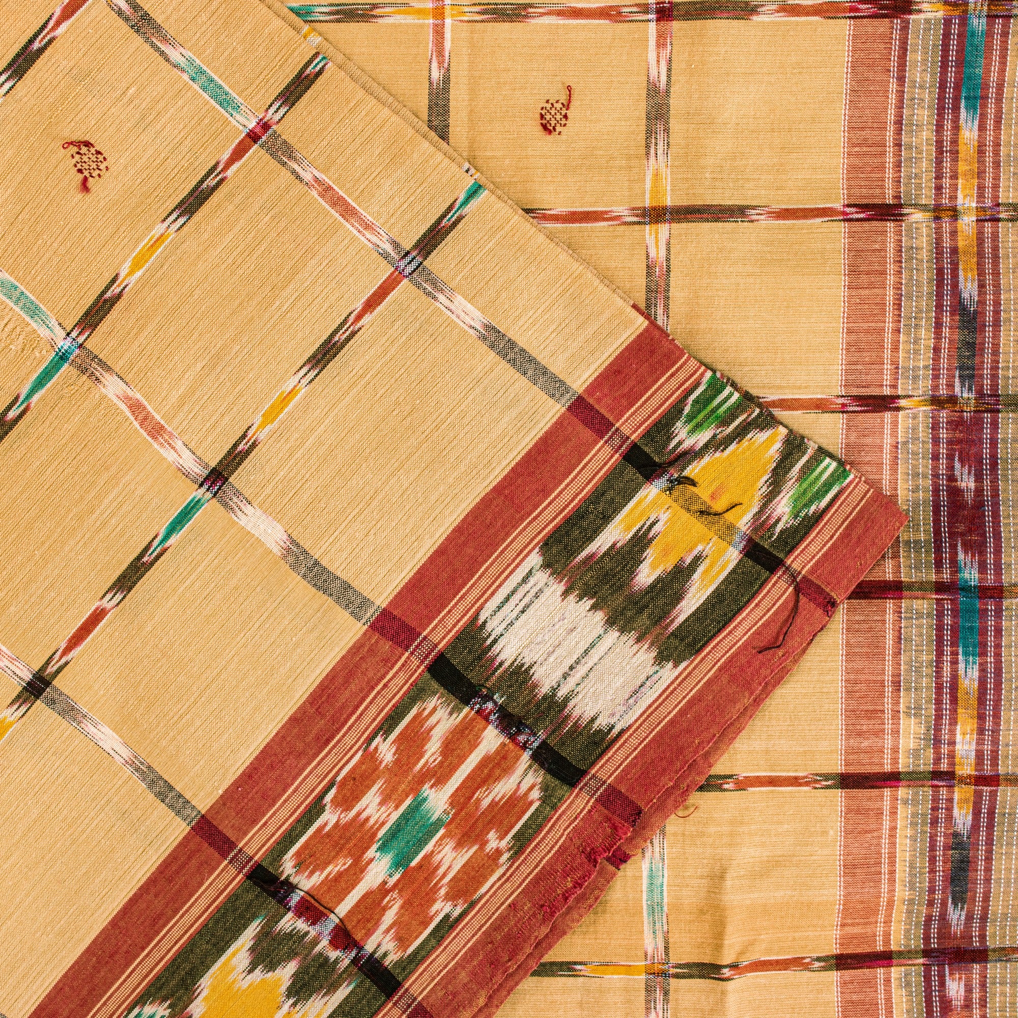 Sanskriti Vintage Beige 100%Pure Cotton Saree Ikat Hand Woven Odisha 5+YD Fabric