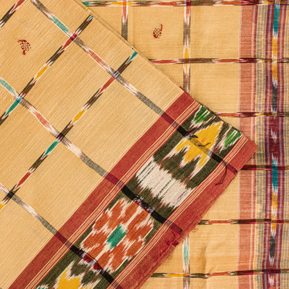 Sanskriti Vintage Beige 100%Pure Cotton Saree Ikat Hand Woven Odisha 5+YD Fabric