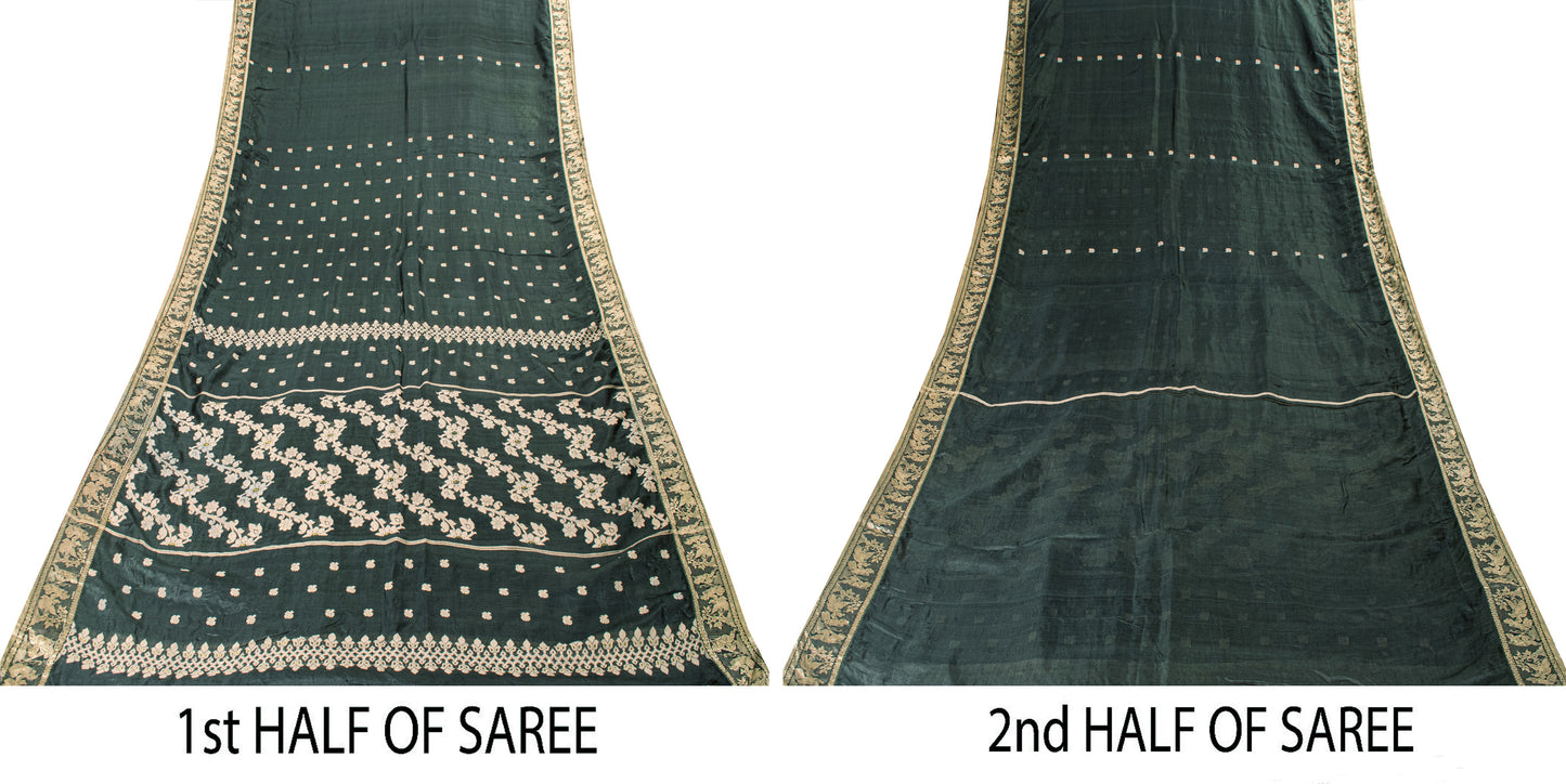 Sanskriti Vintage Green Pure Silk Saree Hand Woven Sari West Bengal 6+YD Fabric