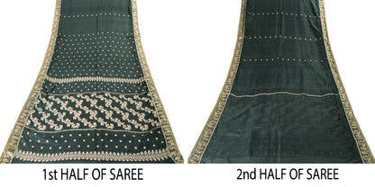 Sanskriti Vintage Green Pure Silk Saree Hand Woven Sari West Bengal 6+YD Fabric