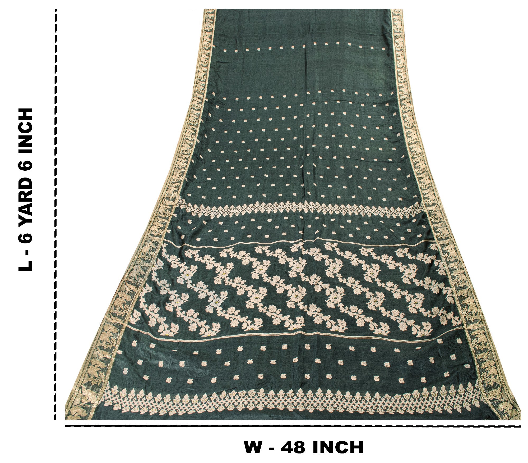 Sanskriti Vintage Green Pure Silk Saree Hand Woven Sari West Bengal 6+YD Fabric