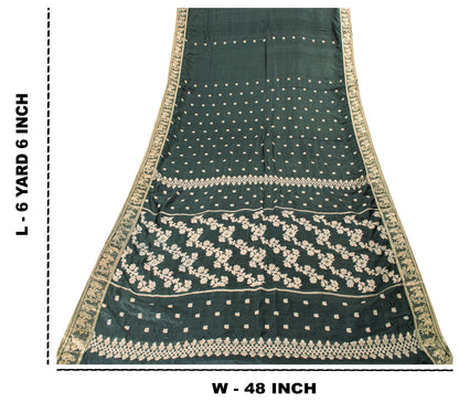 Sanskriti Vintage Green Pure Silk Saree Hand Woven Sari West Bengal 6+YD Fabric