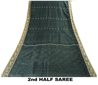Sanskriti Vintage Green Pure Silk Saree Hand Woven Sari West Bengal 6+YD Fabric