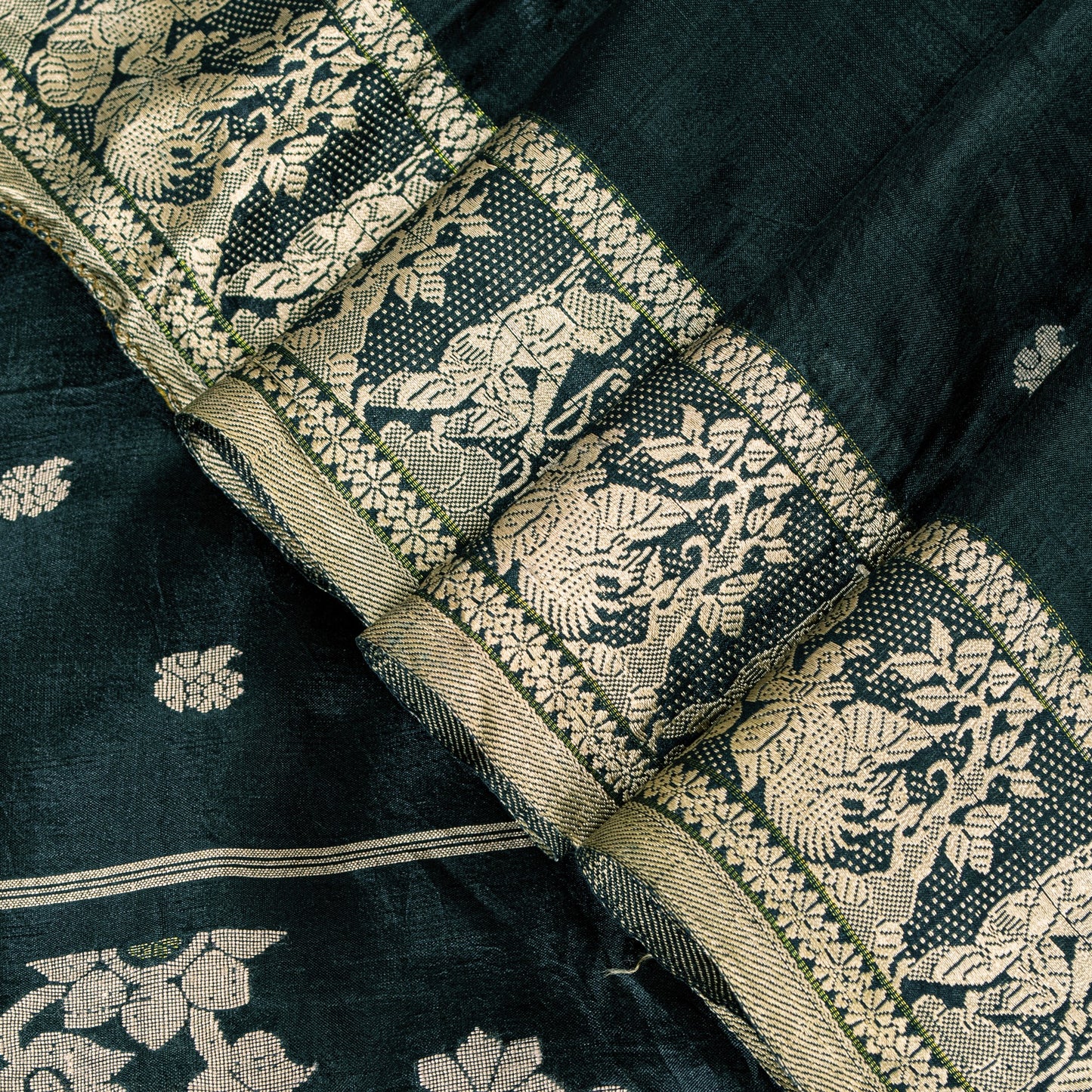 Sanskriti Vintage Green Pure Silk Saree Hand Woven Sari West Bengal 6+YD Fabric