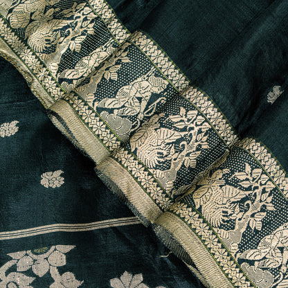 Sanskriti Vintage Green Pure Silk Saree Hand Woven Sari West Bengal 6+YD Fabric