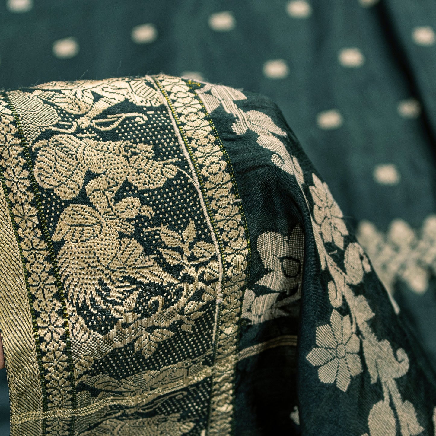 Sanskriti Vintage Green Pure Silk Saree Hand Woven Sari West Bengal 6+YD Fabric
