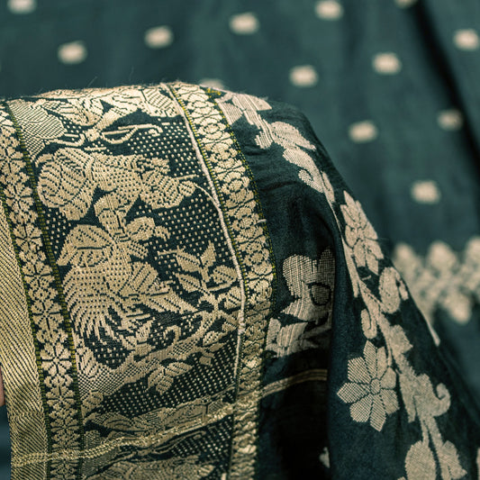 Sanskriti Vintage Green Pure Silk Saree Hand Woven Sari West Bengal 6+YD Fabric