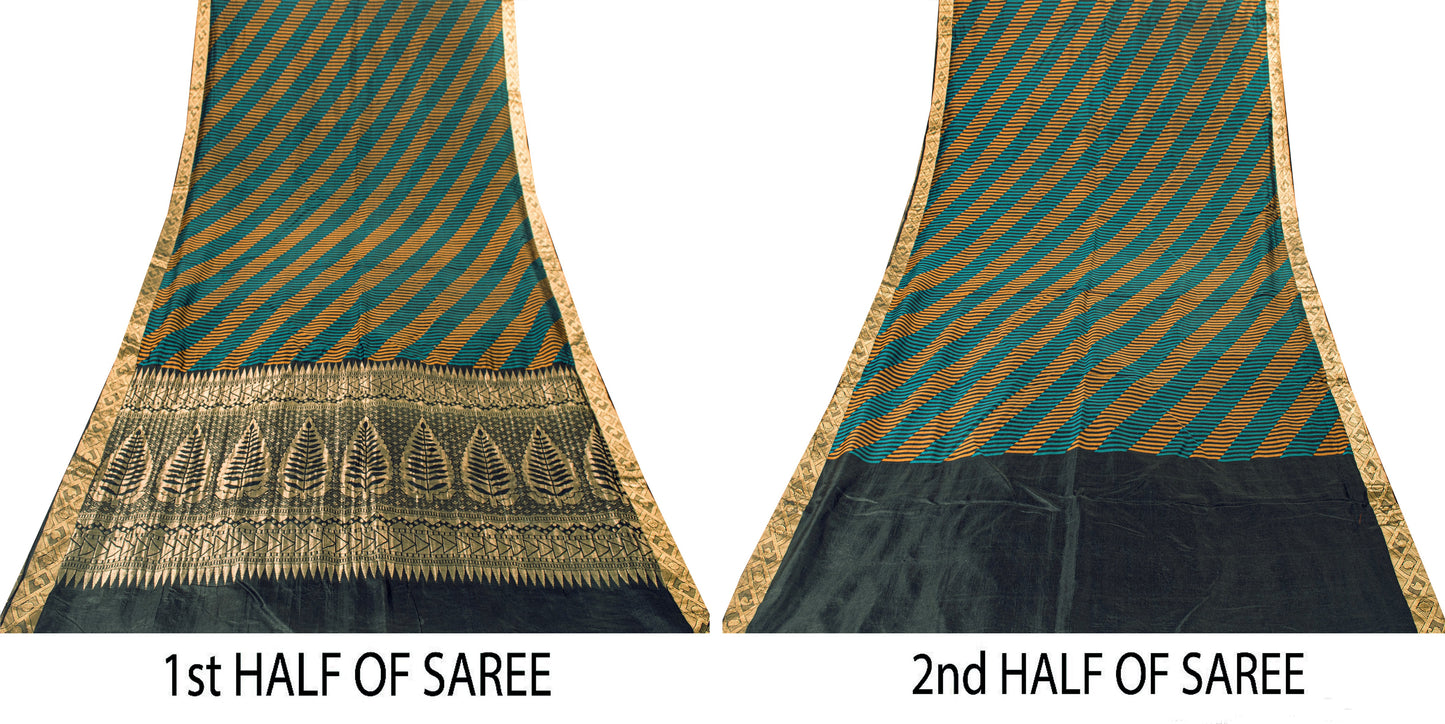 Sanskriti Vintage Black Pure Silk Saree Golden Woven Sari 5.5+YD Craft Fabric